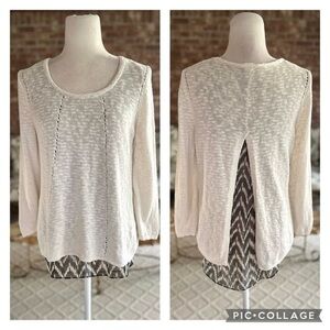 Lucky Brand Top Split Back Layered Ivory Knit S Boho Clean Girl